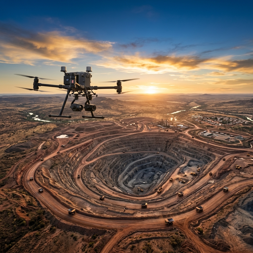 Drone professionnel survolant un site industriel — illustration conceptuelle